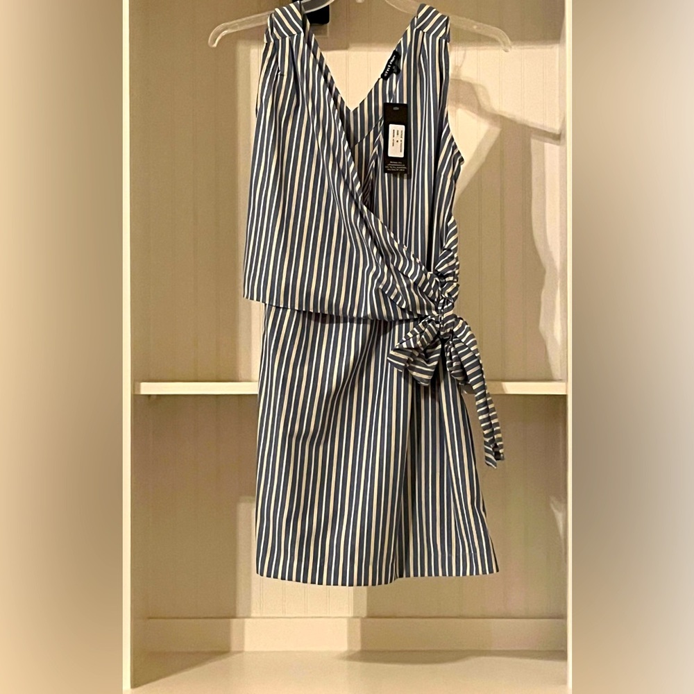 Style Envy Blue Vertical-Striped Faux Wrap Sleeveless Front-Tie Dress | NWT